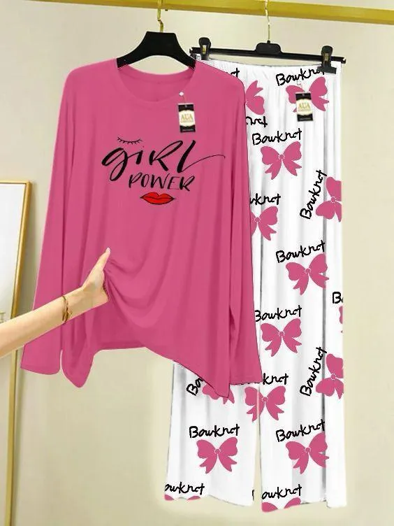 Ladies Red Printed Night Suit 2 Pcs Cotton Jersey Sleepwear - Image 5