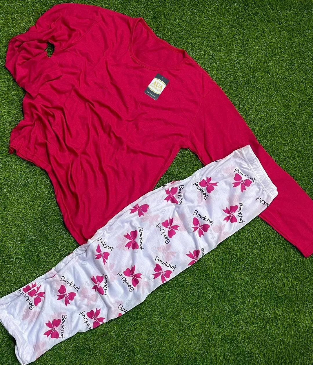Ladies Red Printed Night Suit 2 Pcs Cotton Jersey Sleepwear - Image 4