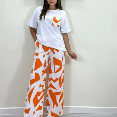 Women’s Orange Jersey Printed Night Suit – Summer Sleepwear Pakistan